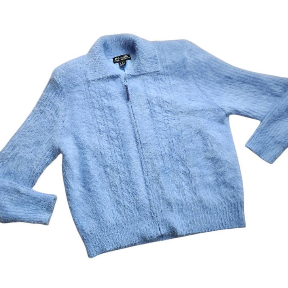 Vintage Venesha High Quality Angora Sweater Jacket Large Blue Fuzzy Fluffy‎ Soft